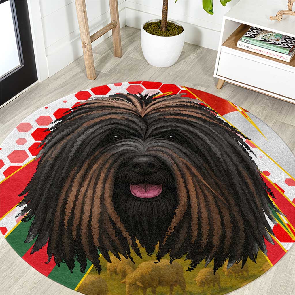 Hungary Round Carpet with Puli Dog Illustration Design and Red Green Hexagon - Wonder Print Shop