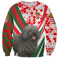 Multicolor sweatshirt with puli dog face and red-green hexagon pattern