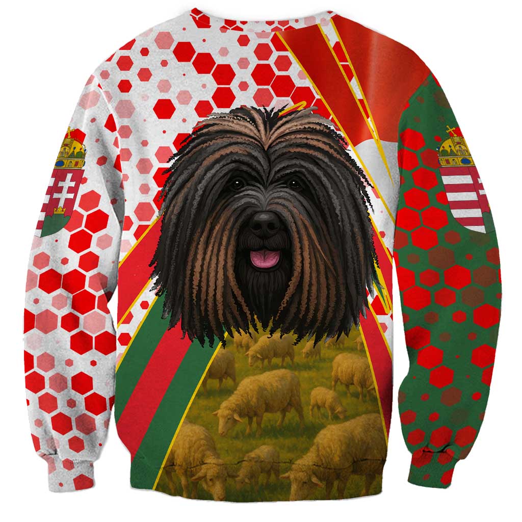 Multicolor sweatshirt with puli dog illustration over red-green hexagon backdrop