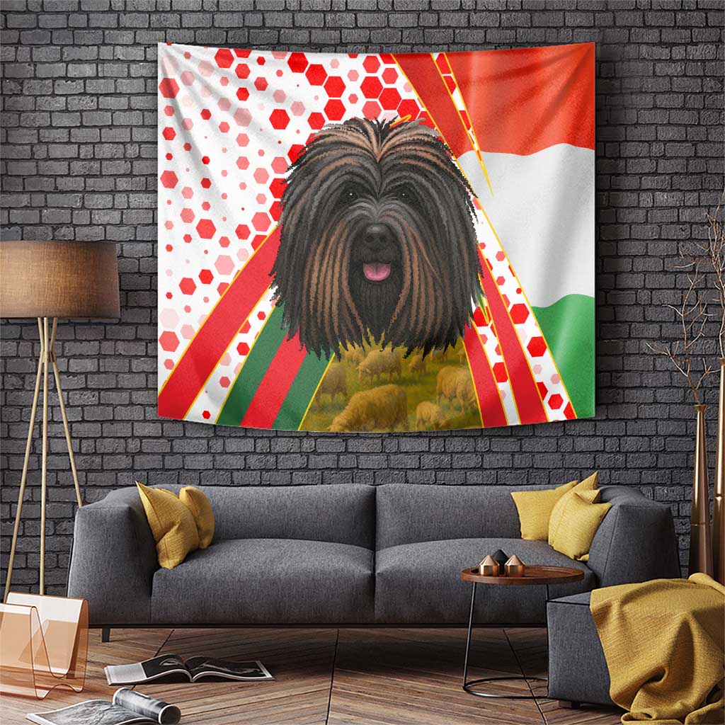 Hungary Tapestry with Puli Dog Illustration Design and Red Green Hexagon - Wonder Print Shop