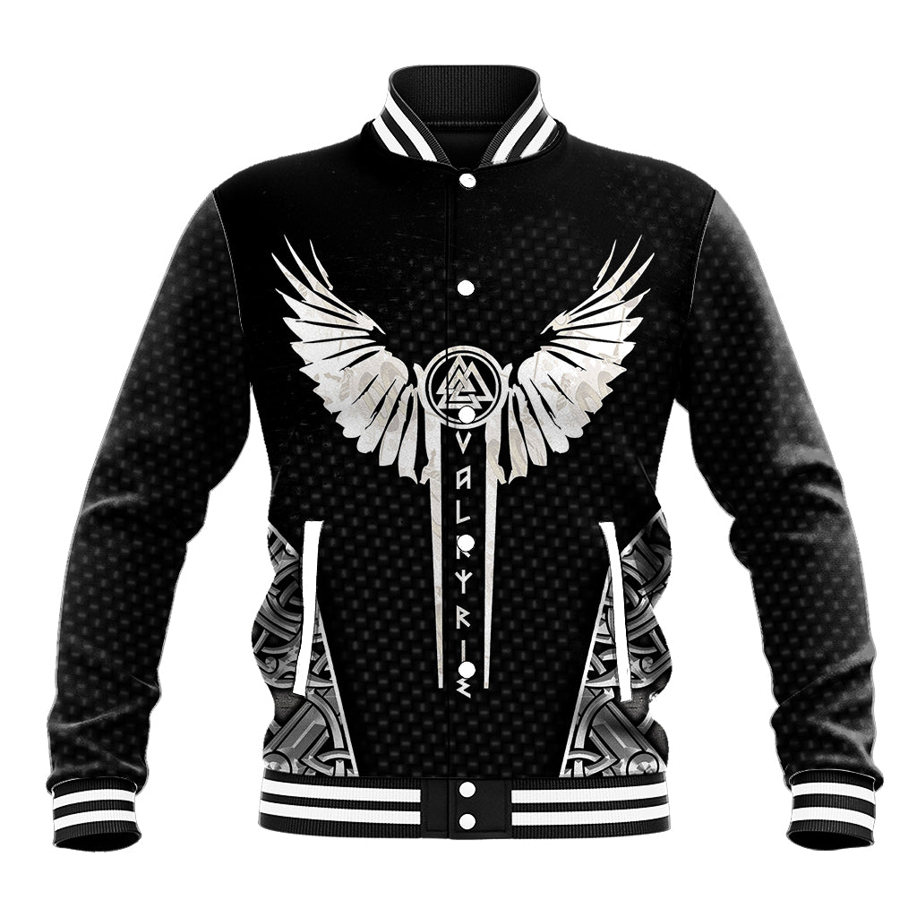 Black unisex baseball jacket, front button placket; winged Valkyrie emblem graphic