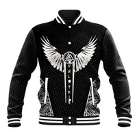 Black unisex baseball jacket, front button placket; winged Valkyrie emblem graphic