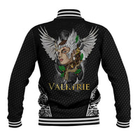 Black unisex baseball jacket, striped ribbed collar; Valkyrie wing back print