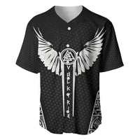 Black button-up baseball jersey with white wings emblem and vertical crossbar design