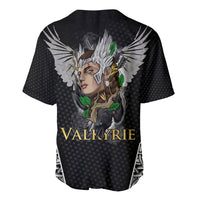 Black baseball jersey with Valkyrie character, wings, and gold VALKYRIE text