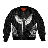 Black bomber jacket with large wing emblem, front zip closure, ribbed cuffs and hem