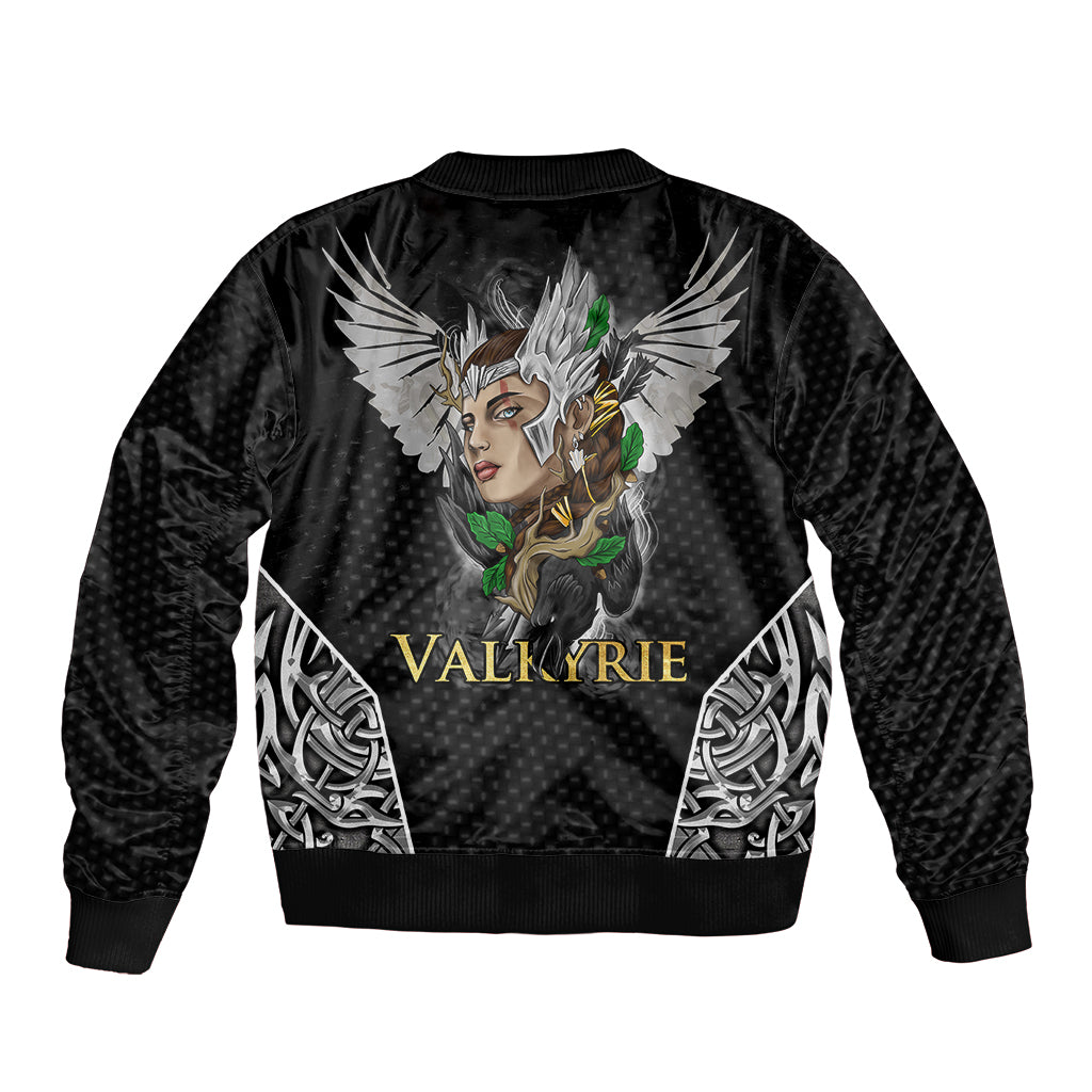 Black bomber jacket with Valkyrie graphic on front, ribbed collar, hem, and cuffs
