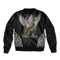 Black bomber jacket with Valkyrie graphic on front, ribbed collar, hem, and cuffs