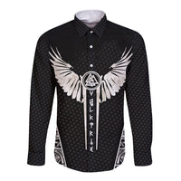 Black long sleeve button shirt with front wing emblem and vertical text design