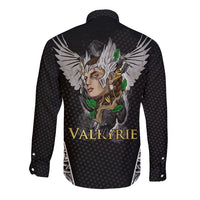 Black long sleeve button shirt with large back Valkyrie wing graphic