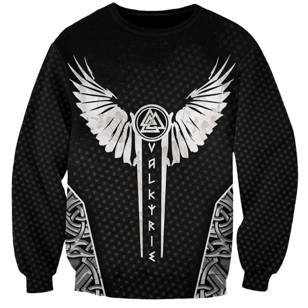 Unisex black sweatshirt with white winged crest, rune emblem, and Norse patterns