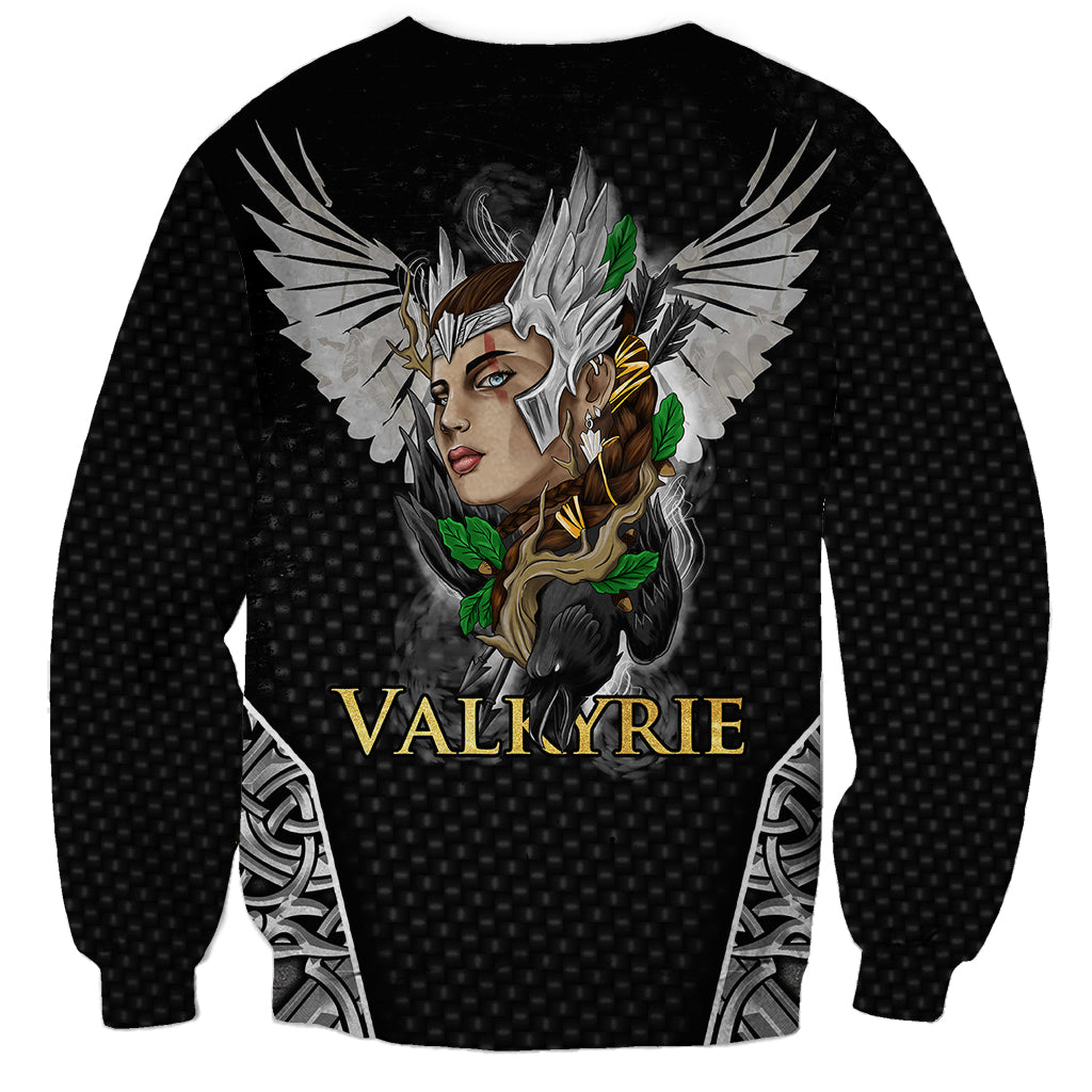 Unisex black sweatshirt with Valkyrie face and wing graphic, green accents