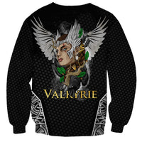 Unisex black sweatshirt with Valkyrie face and wing graphic, green accents