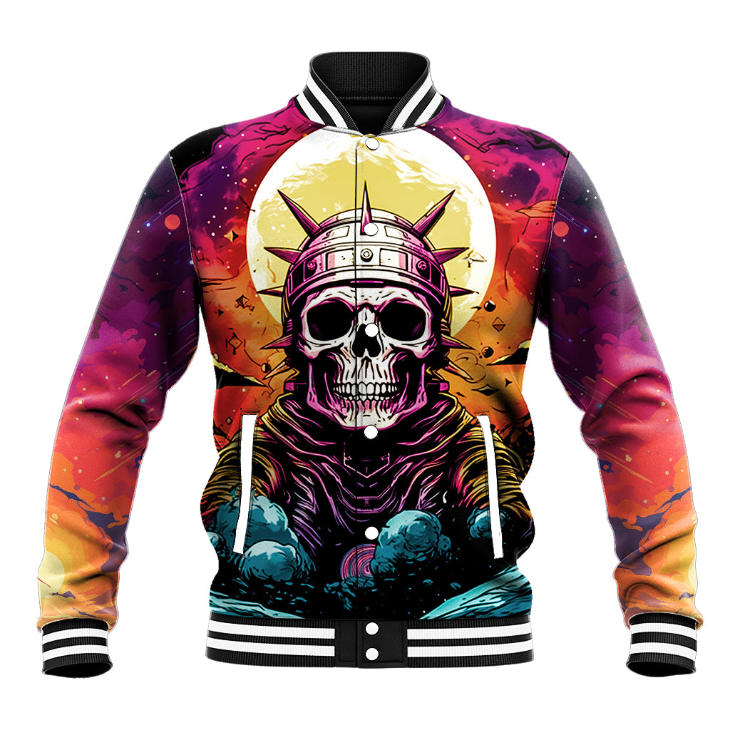 Unisex multicolor baseball jacket with front skull astronaut artwork; snap button front, striped cuffs