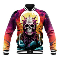 Unisex multicolor baseball jacket with front skull astronaut artwork; snap button front, striped cuffs