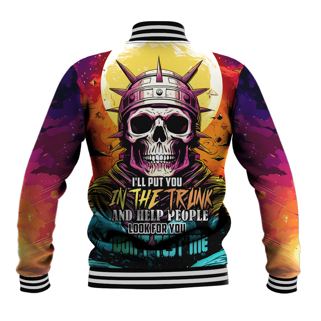 Unisex multicolor baseball jacket with skull astronaut graphic; ribbed striped collar and cuffs