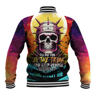 Unisex multicolor baseball jacket with skull astronaut graphic; ribbed striped collar and cuffs