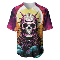 Multicolor baseball jersey with skull space-helmet graphic, 'help people' text