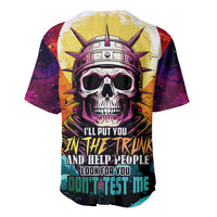 Multicolor baseball jersey with skull space-helmet graphic and 'I'll put you in the trunk'.