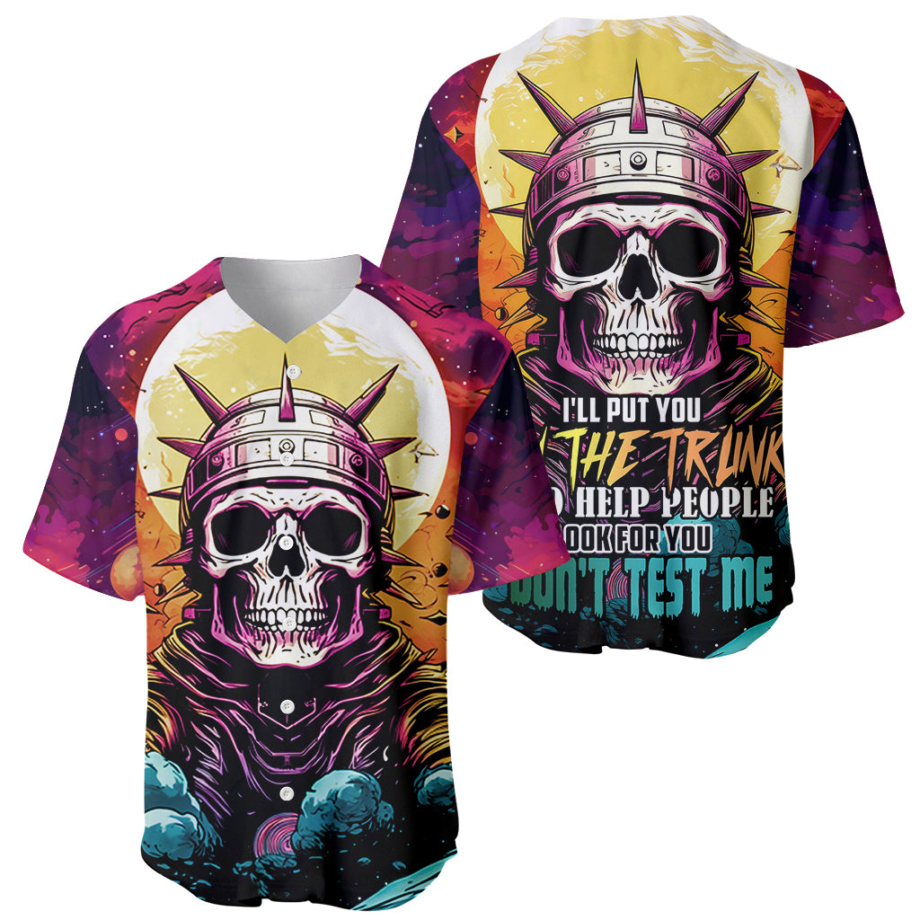 Multicolor baseball jersey front with skull space helmet and 'dont test me' text