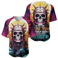 Multicolor baseball jersey front with skull space helmet and 'dont test me' text