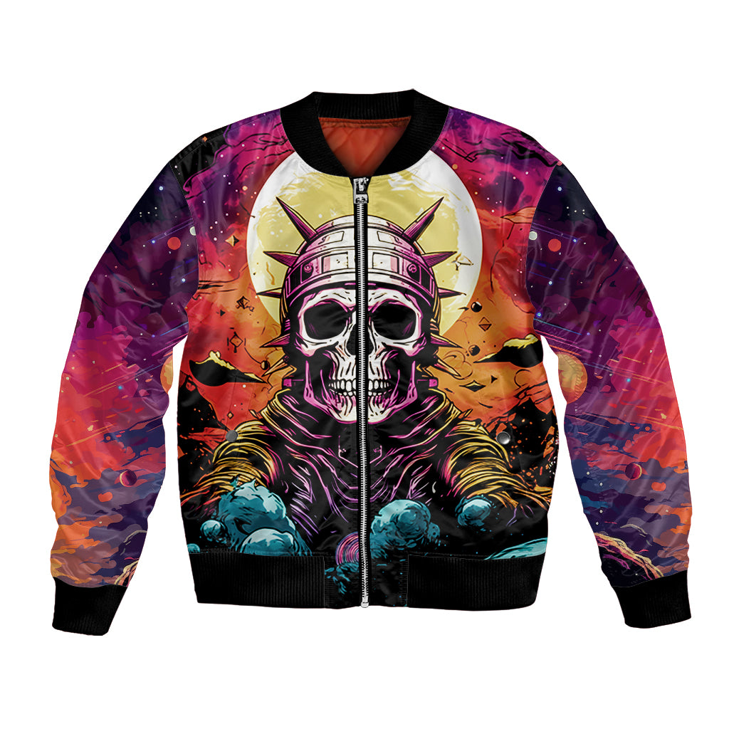 Multicolor skull astronaut bomber jacket, front zipper, ribbed cuffs and graphic panel