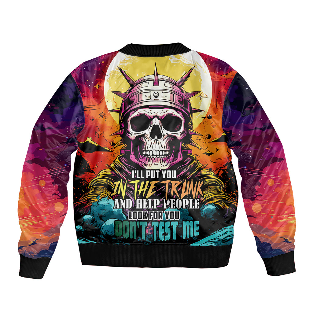 Multicolor skull astronaut bomber jacket, ribbed collar and cuffs, graphic back design