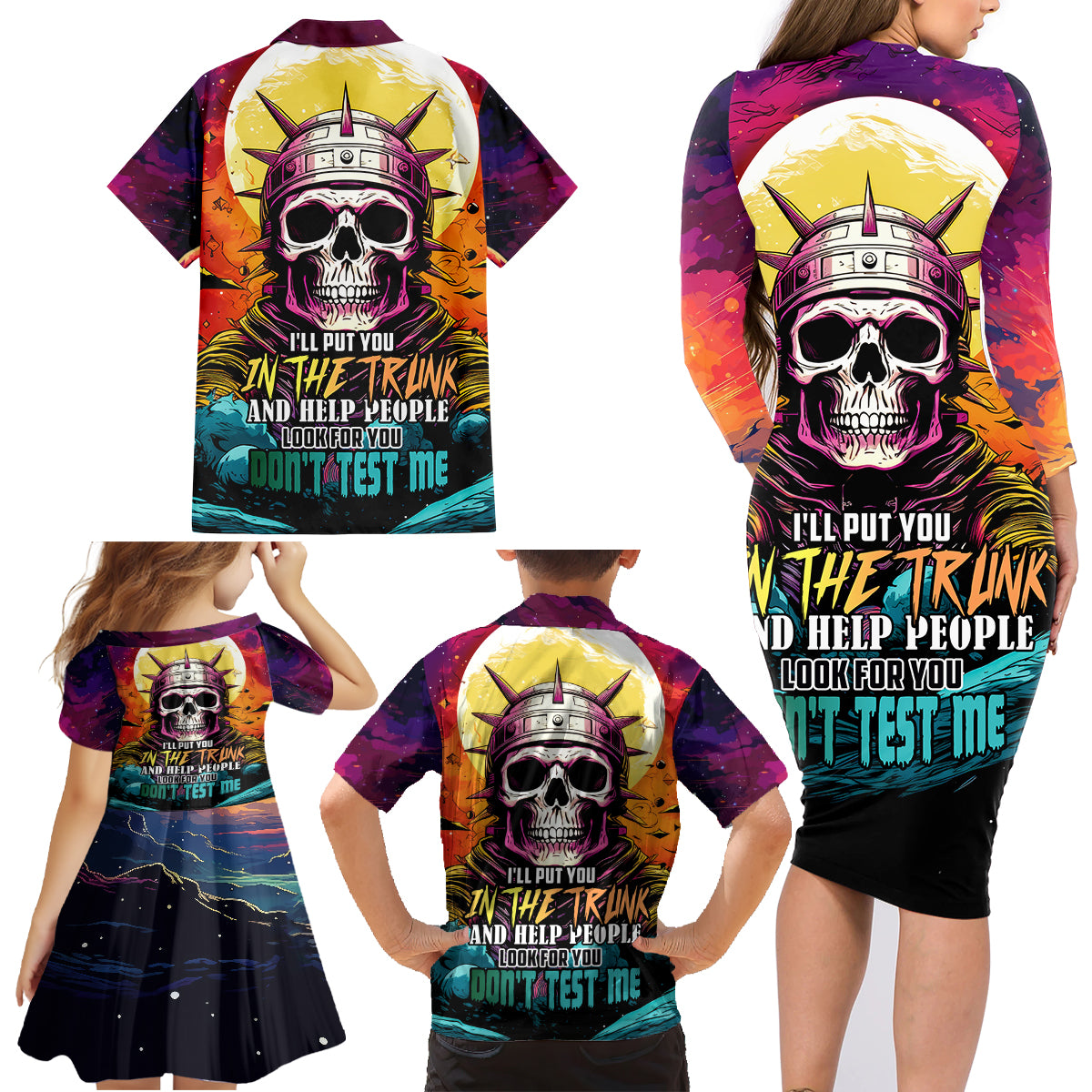 Skull Space Family Matching Long Sleeve Bodycon Dress and Hawaiian Shirt I'll Put You In The Trunk - Wonder Print Shop