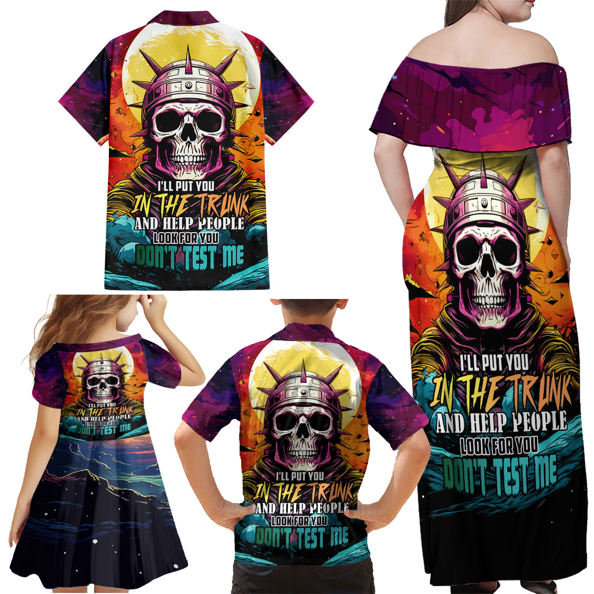 Skull Space Family Matching Off Shoulder Maxi Dress and Hawaiian Shirt I'll Put You In The Trunk - Wonder Print Shop