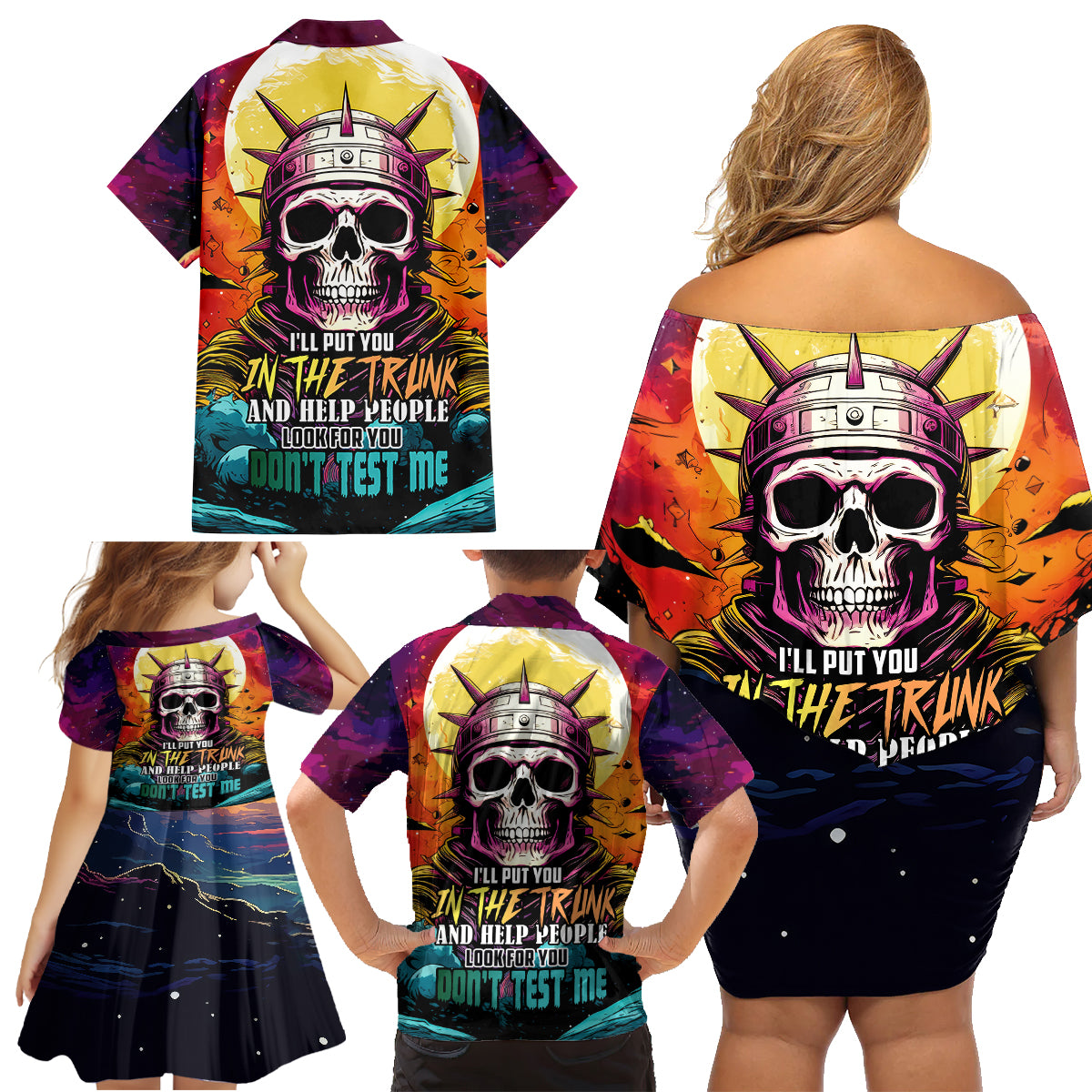 Skull Space Family Matching Off Shoulder Short Dress and Hawaiian Shirt I'll Put You In The Trunk - Wonder Print Shop