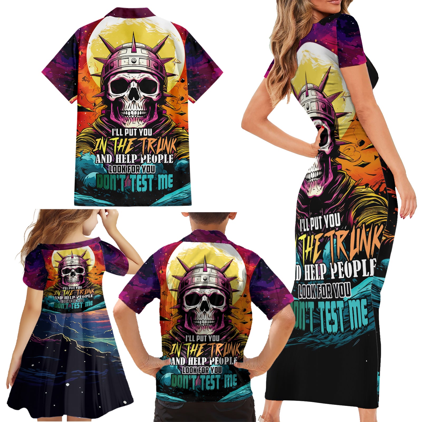 Skull Space Family Matching Short Sleeve Bodycon Dress and Hawaiian Shirt I'll Put You In The Trunk - Wonder Print Shop