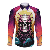 Long sleeve button shirt, front: astronaut skull with sunglasses, planet and starburst print