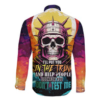 Long sleeve button shirt, back: astronaut skull with stars and stacked text graphic