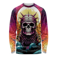 Multicolor long sleeve shirt with large skull helmet and cosmic rays graphic