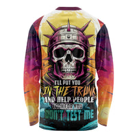 Multicolor long sleeve shirt with skull helmet print and stacked slogan text