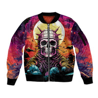 Unisex multicolor bomber jacket with skull space front graphic, full zipper, ribbed hem
