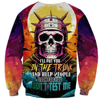 Multicolor space skull graphic sweatshirt with raglan sleeves and trunk slogan text