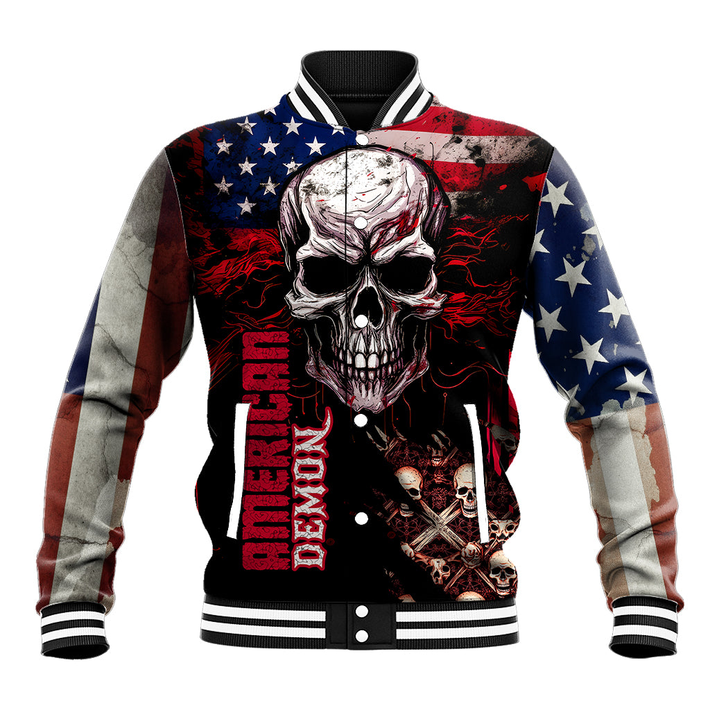 Skull baseball jacket with American flag front graphic, striped ribbed collar and cuffs