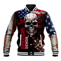 Skull baseball jacket with American flag front graphic, striped ribbed collar and cuffs
