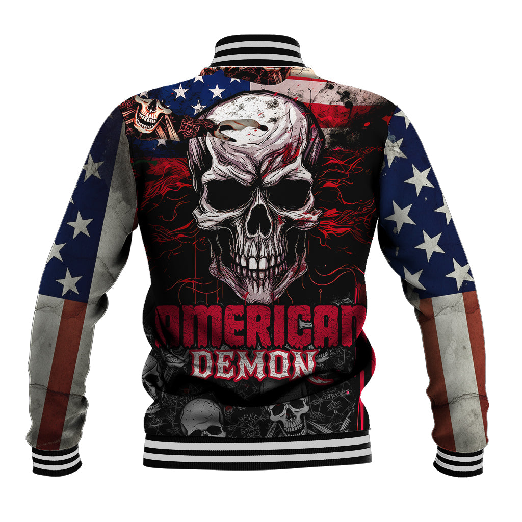 Skull baseball jacket with American flags back graphic, ribbed striped collar cuffs