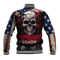 Skull baseball jacket with American flags back graphic, ribbed striped collar cuffs
