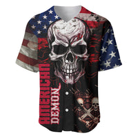 Skull baseball jersey with American stars stripes, button front, red demon lettering