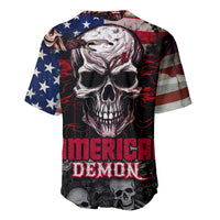 Skull baseball jersey with American stars stripes, button front, bold demon graphic