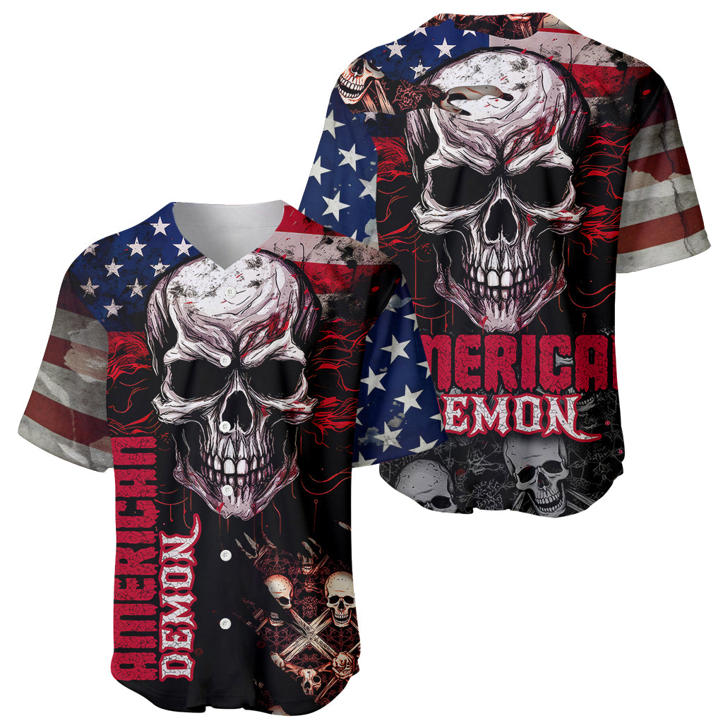 Two skull baseball jerseys with American stars stripes, button front, demon artwork