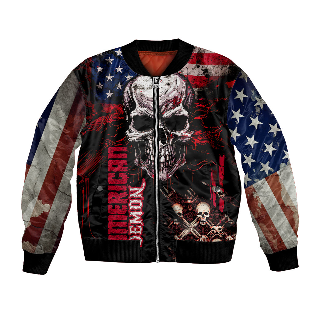 Multicolor skull bomber jacket with American flag print, front zipper, ribbed cuffs