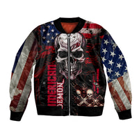 Multicolor skull bomber jacket with American flag print, front zipper, ribbed cuffs