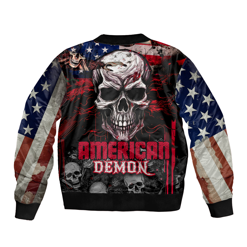 Multicolor skull bomber jacket with American flag design, ribbed cuffs, back graphic