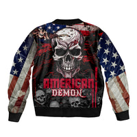 Multicolor skull bomber jacket with American flag design, ribbed cuffs, back graphic