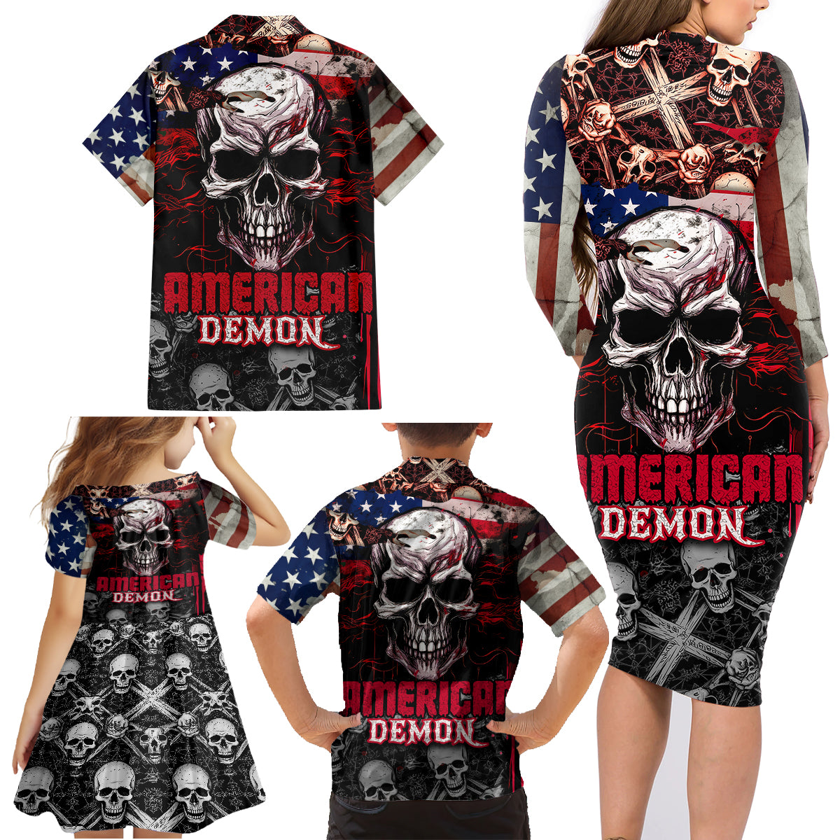 Skull Family Matching Long Sleeve Bodycon Dress and Hawaiian Shirt American Demon - Wonder Print Shop