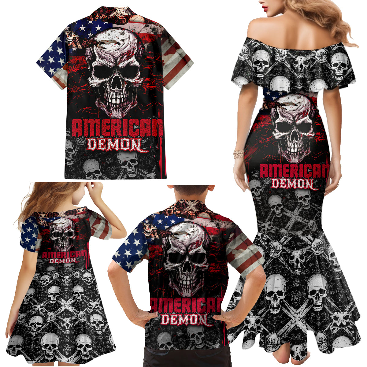 Skull Family Matching Mermaid Dress and Hawaiian Shirt American Demon - Wonder Print Shop